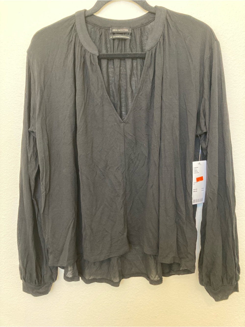 Urban Outfitters Black Split Neck V neck Long-Sleeve Peasant Top
